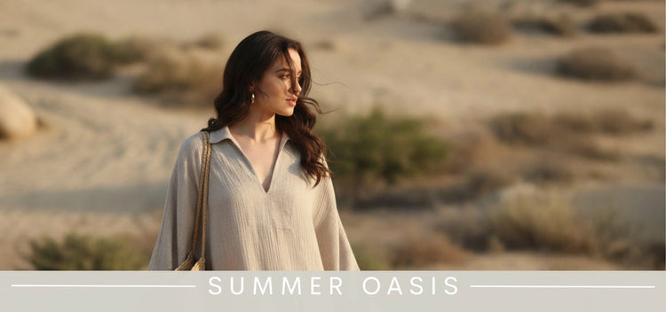 Woman standing in a desert landscape with 'Summer Oasis' text overlay