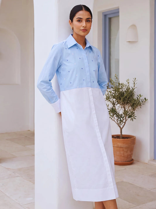Ocean Heart Cotton Shirt Dress — Blue & White