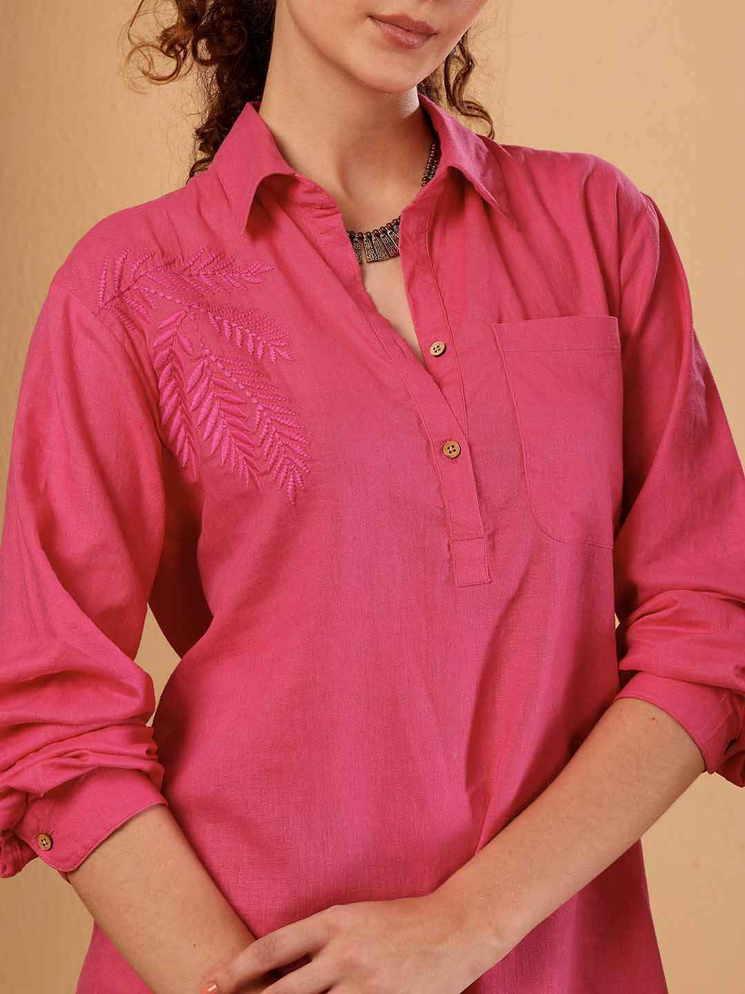 Pink Linen blend Embroidered Beach Shirt