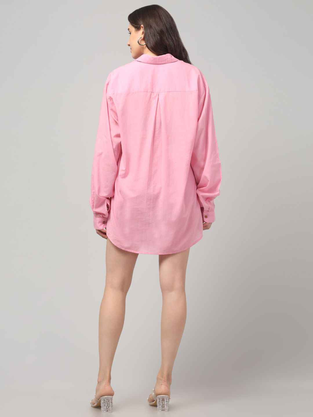 Pink Embroidered Cotton Oversized Beach Shirt