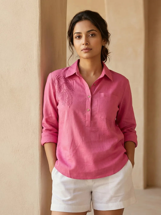 Women wearing Linen Blend summer co-ord set -  pink beach shirt with Embroidery and White Shorts with drawstring and pockets