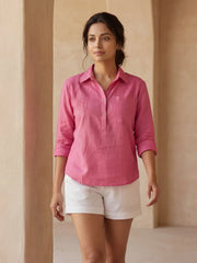 Women walking wearing Linen Blend summer co-ord set -  pink beach shirt with Embroidery and White Shorts with drawstring and pockets
