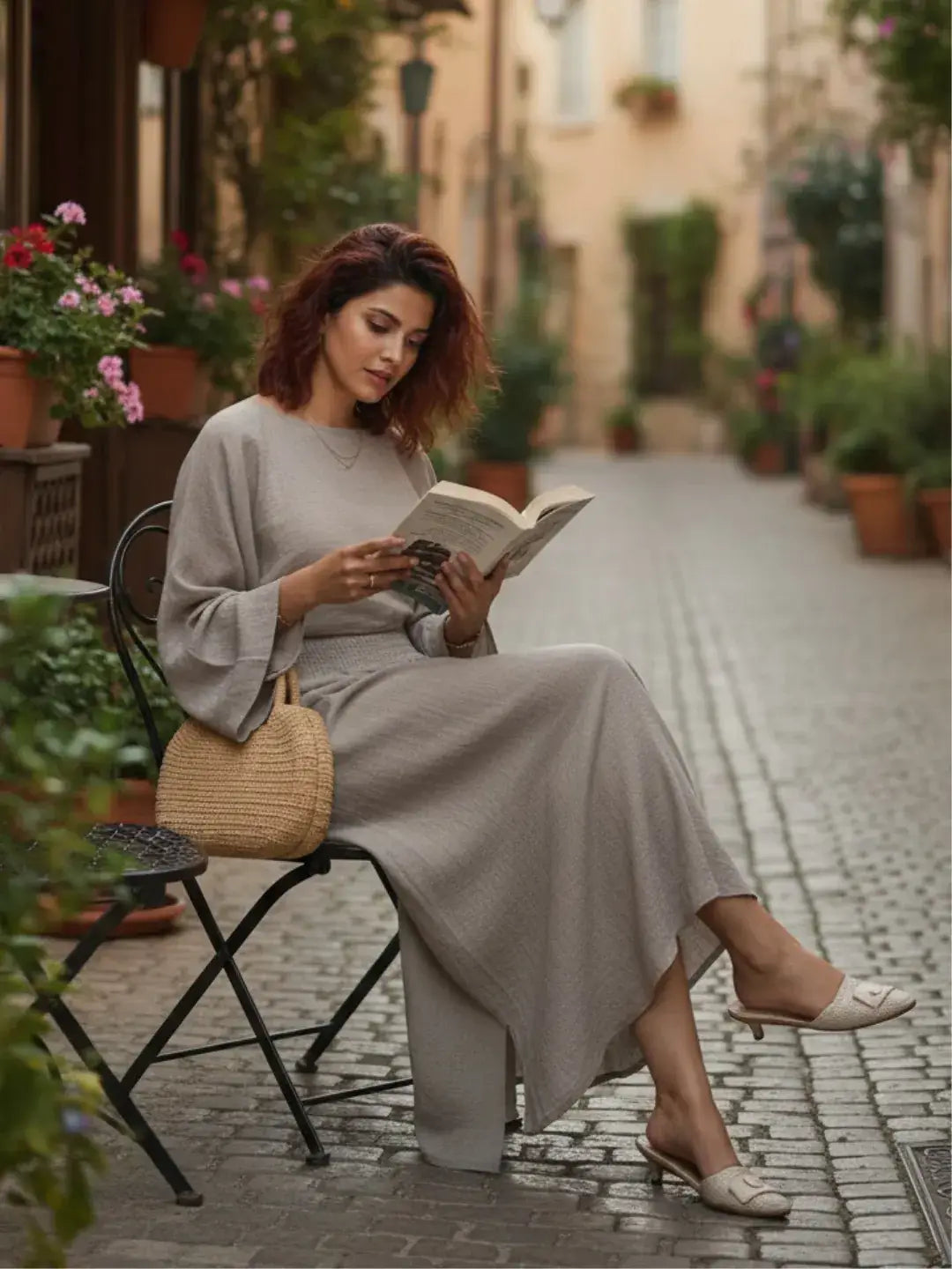 Woman reading a book on a cobblestone street with plants and buildings in the background