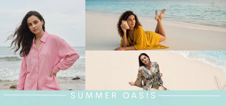 Three women in different outfits on a beach with 'Summer Oasis' text.