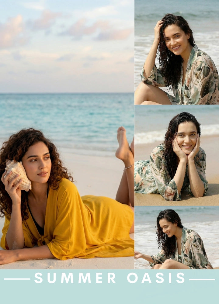 Collage of a woman on a beach with text 'Summer Oasis'.