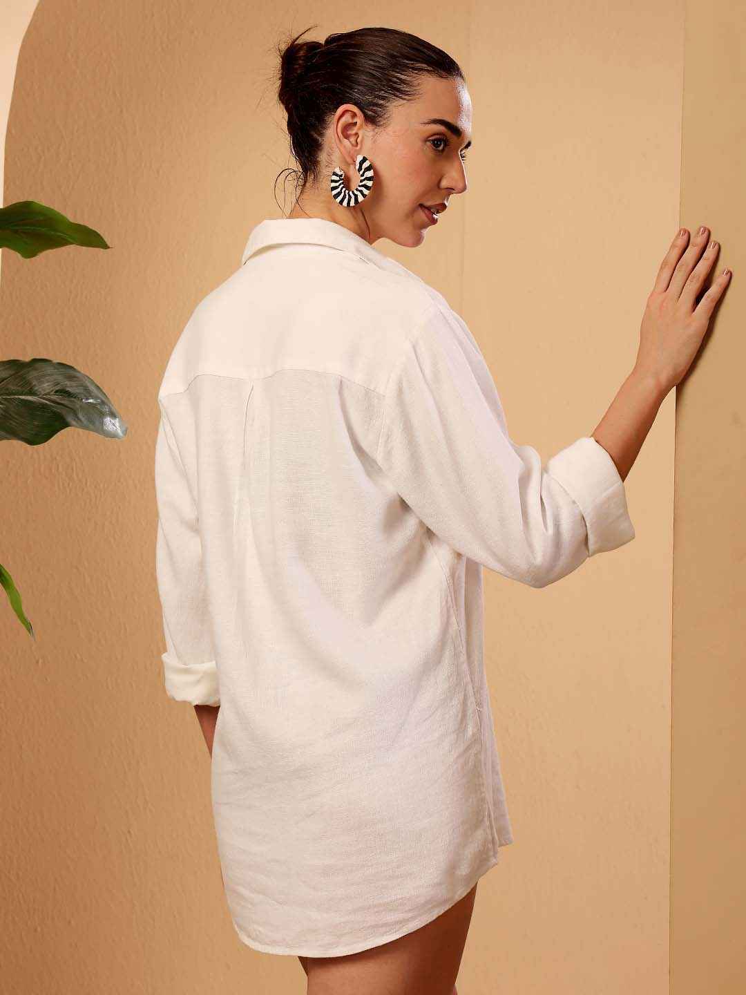 White Linen blend Embroidered Beach Shirt