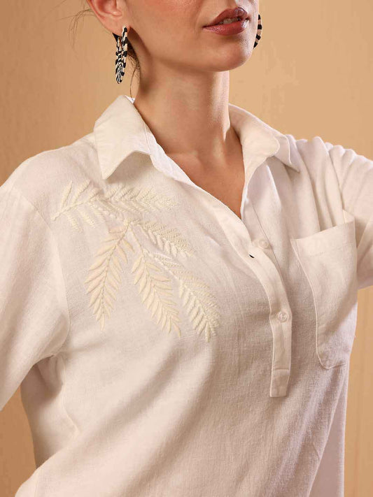 White Linen blend Embroidered Beach Shirt