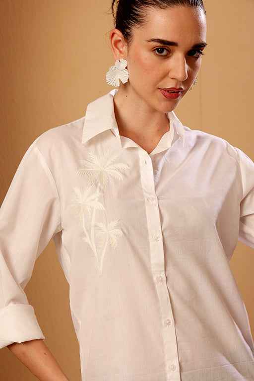 White Cotton Embroidered Beach Shirt