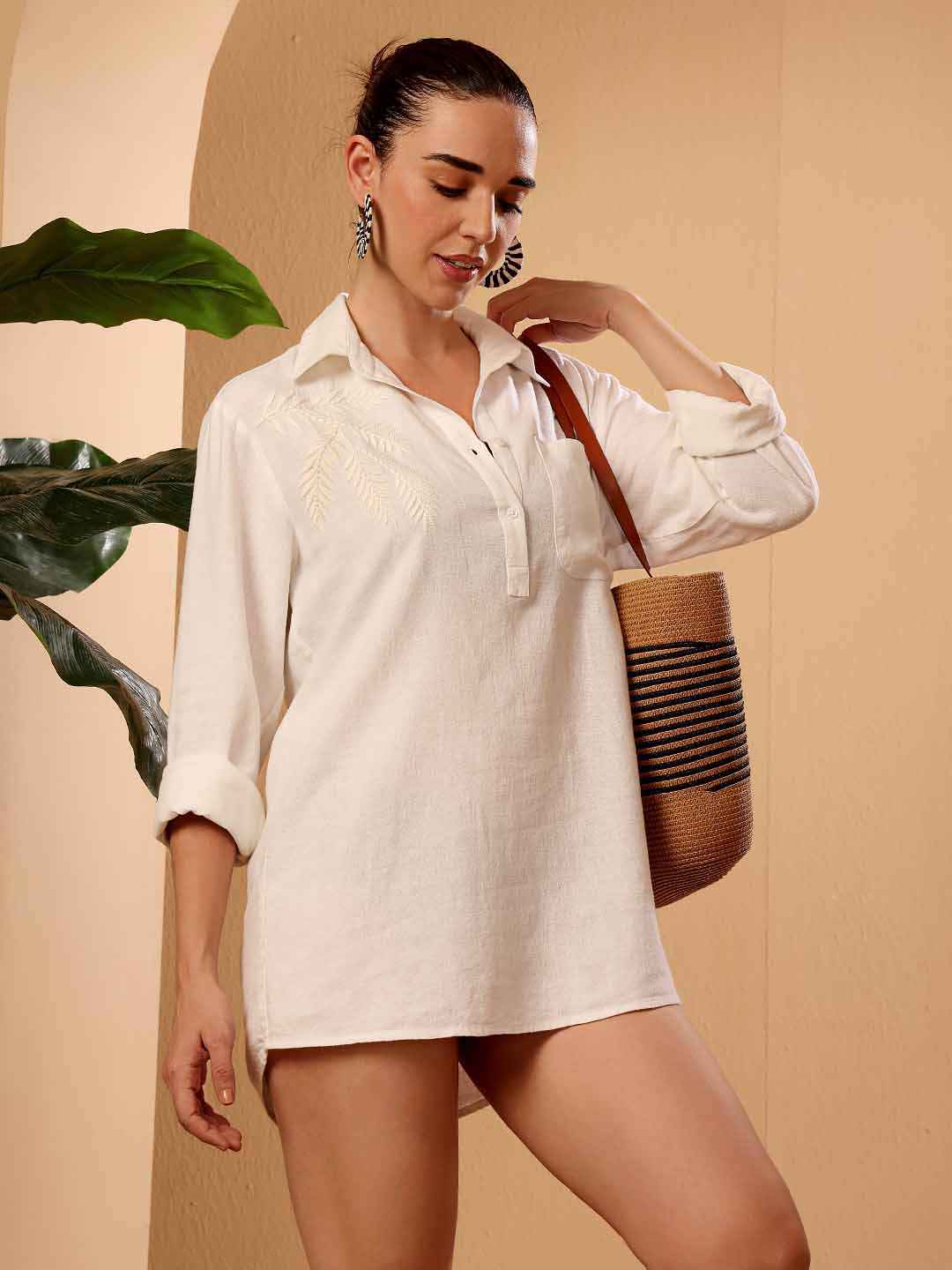 White Linen blend Embroidered Beach Shirt