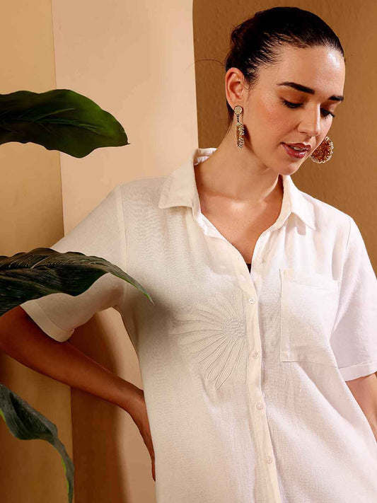 White Linen Blend Resort Shirt Dress