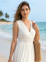 White Crinkled Cotton Maxi Dress