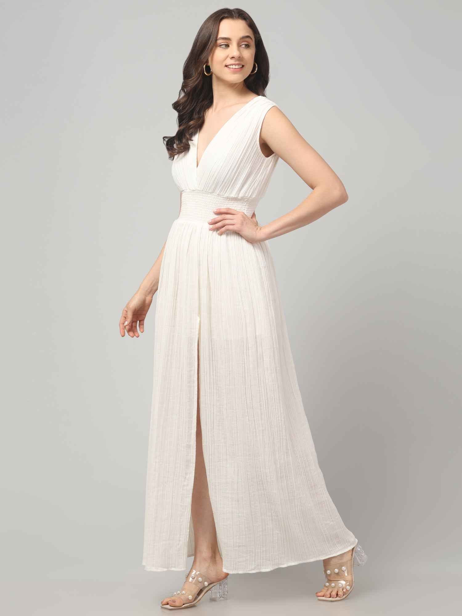 Women wearing Crinkled Cotton resort white Flowy maxi dress with Front Slit
