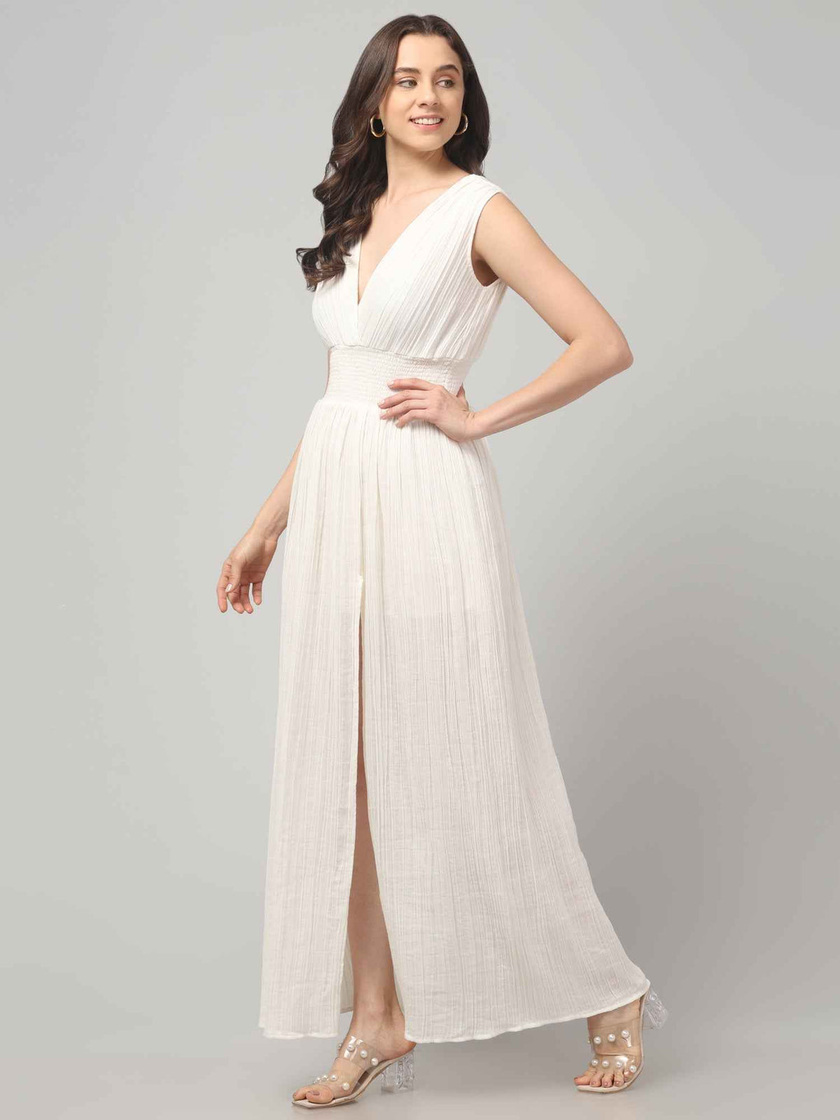 Women wearing Crinkled Cotton resort white Flowy maxi dress with Front Slit