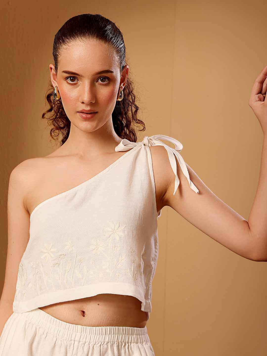 White Linen blend One Shoulder Co-ord Set