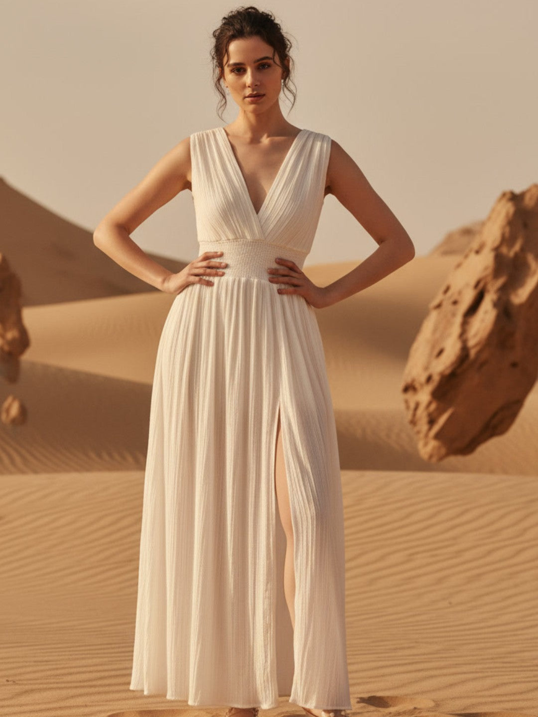 Woman in a white dress standing in a desert landscape