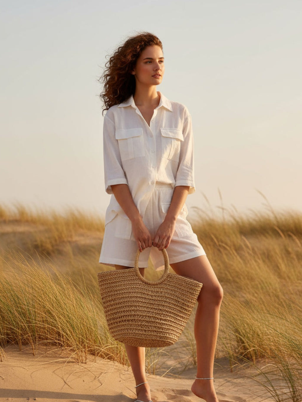 Woman in a white co-ord set holding a woven bag on a beach