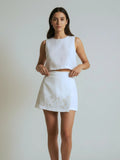 White Cotton Linen Embroidered Skort