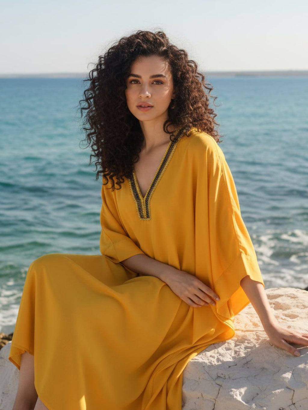 Woman in a yellow dress sitting on a beach with ocean in the background