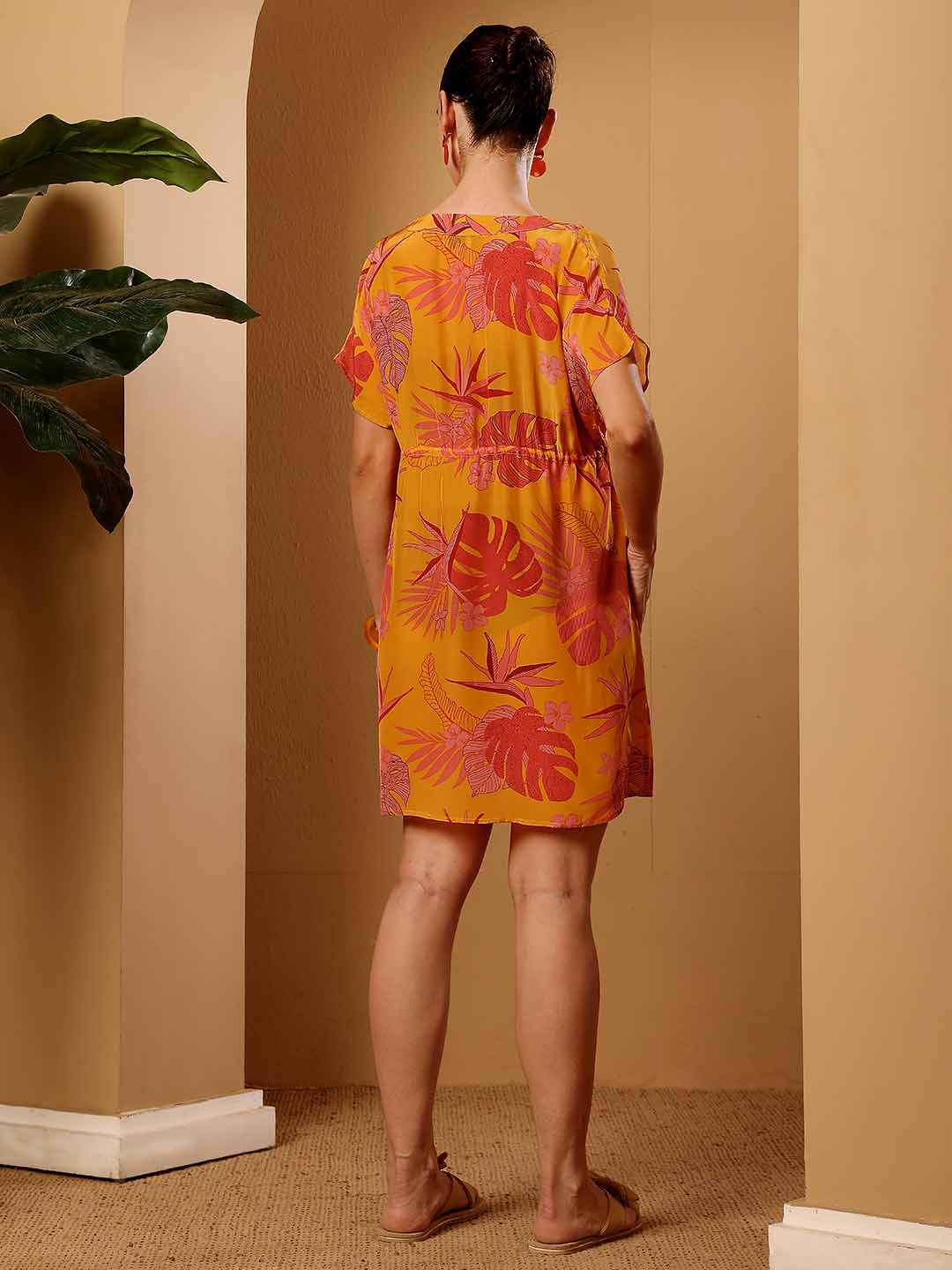 Yellow tropical print beach coverup