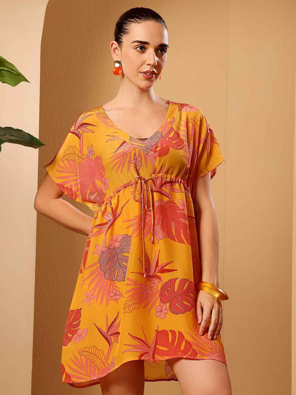 Yellow tropical print beach coverup