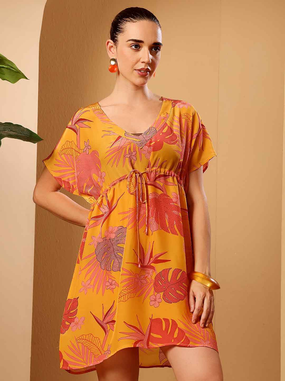 Yellow tropical print beach coverup