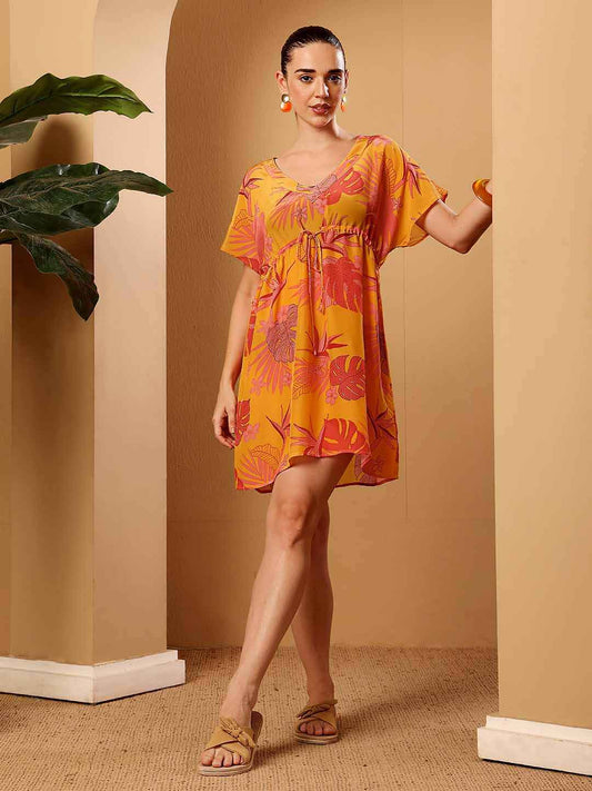 Yellow tropical print beach coverup