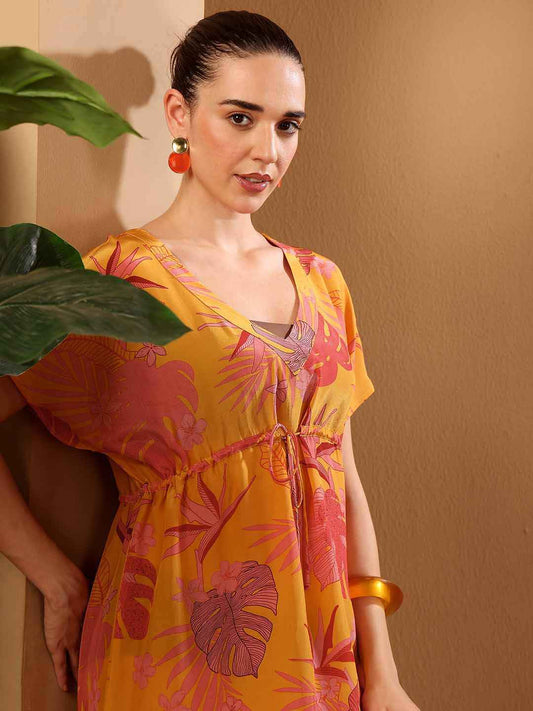 Yellow tropical print beach coverup