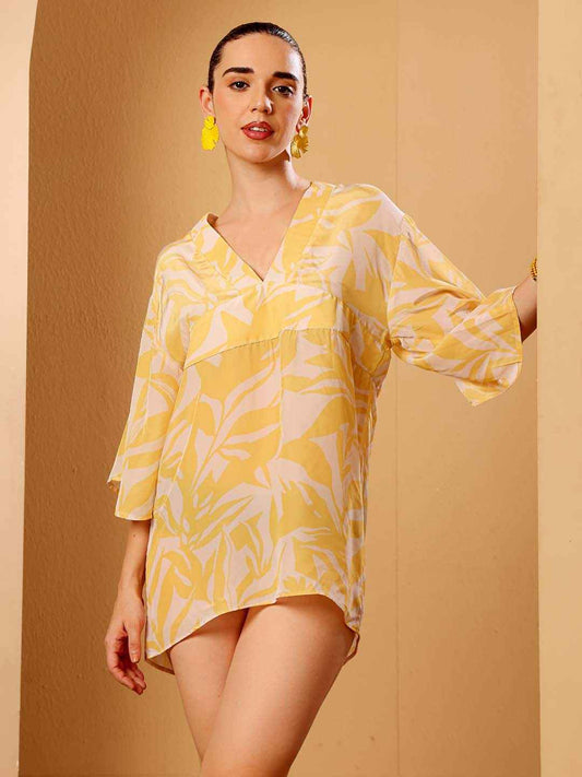 Yellow printed beach Cover Up