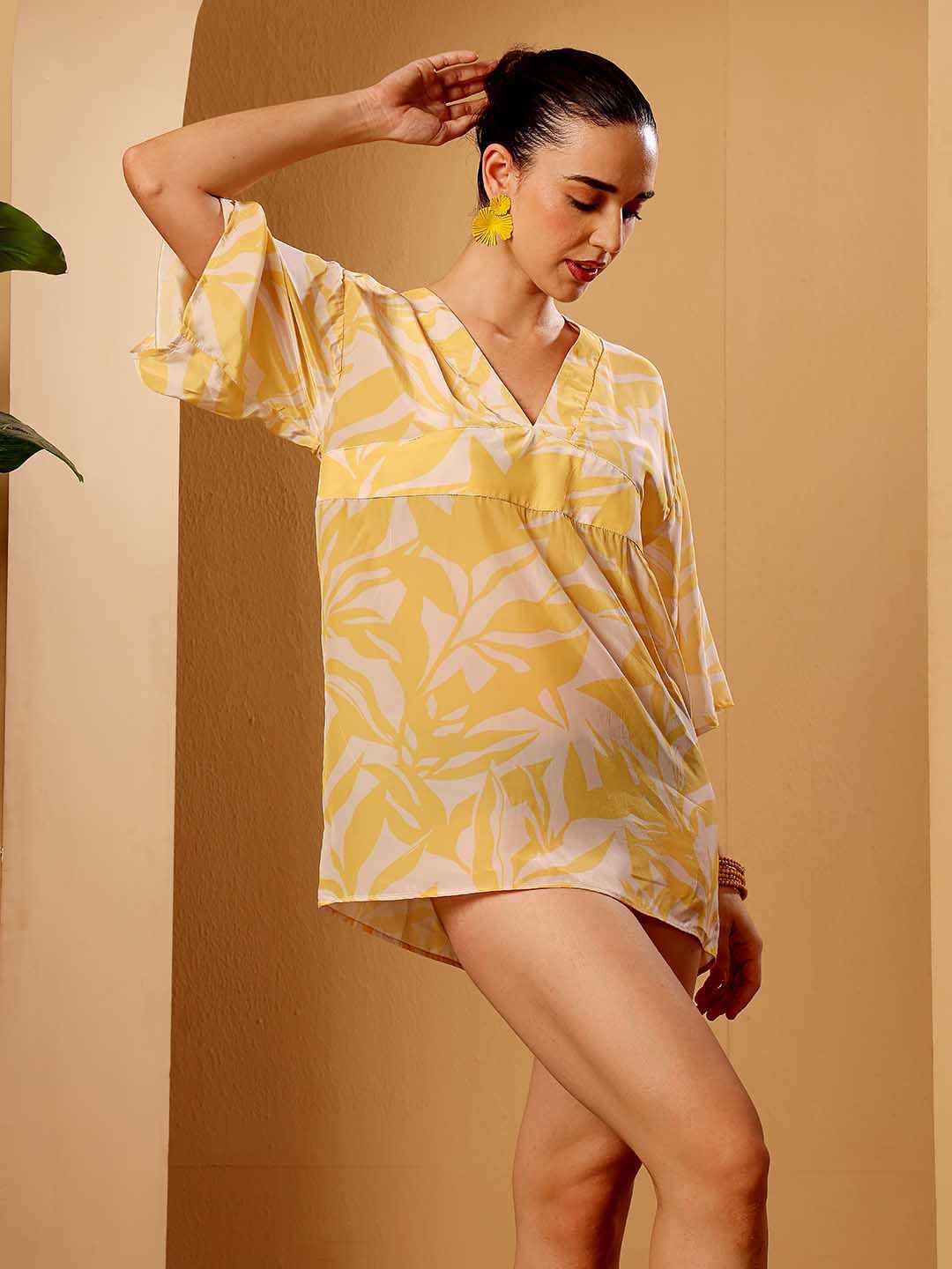 Yellow printed beach Cover Up