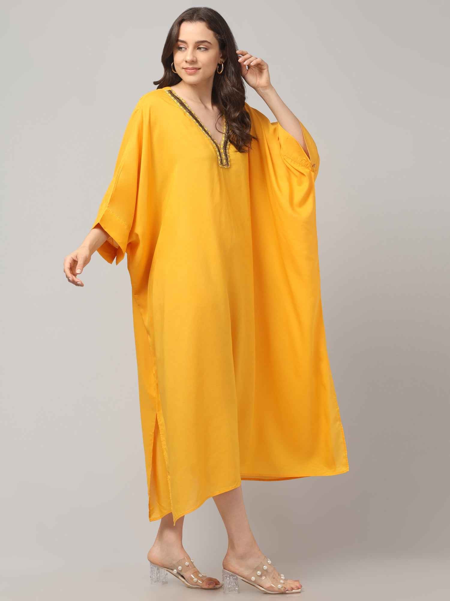 Eliaki Marigold Beaded V-Neck Kaftan Dress