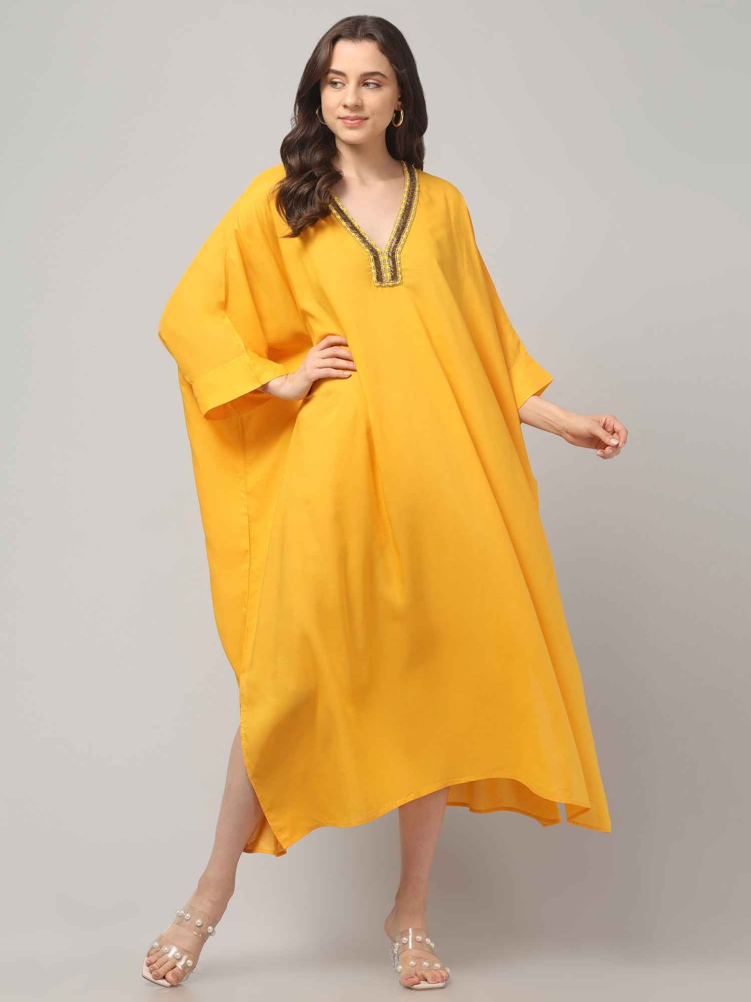 Eliaki Marigold Beaded V-Neck Kaftan Dress
