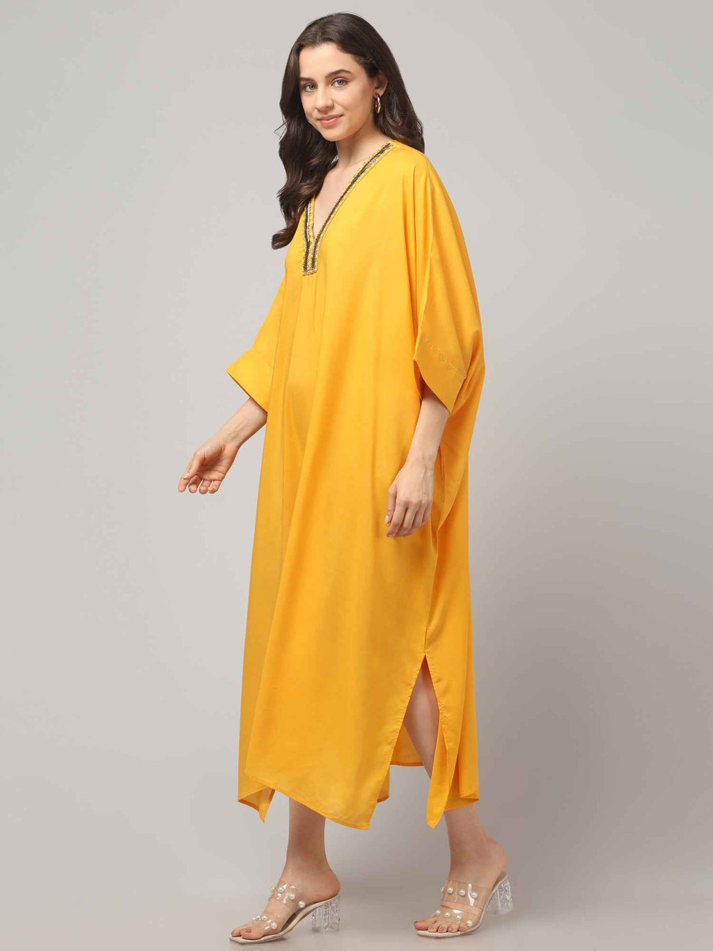 Eliaki Marigold Beaded V-Neck Kaftan Dress