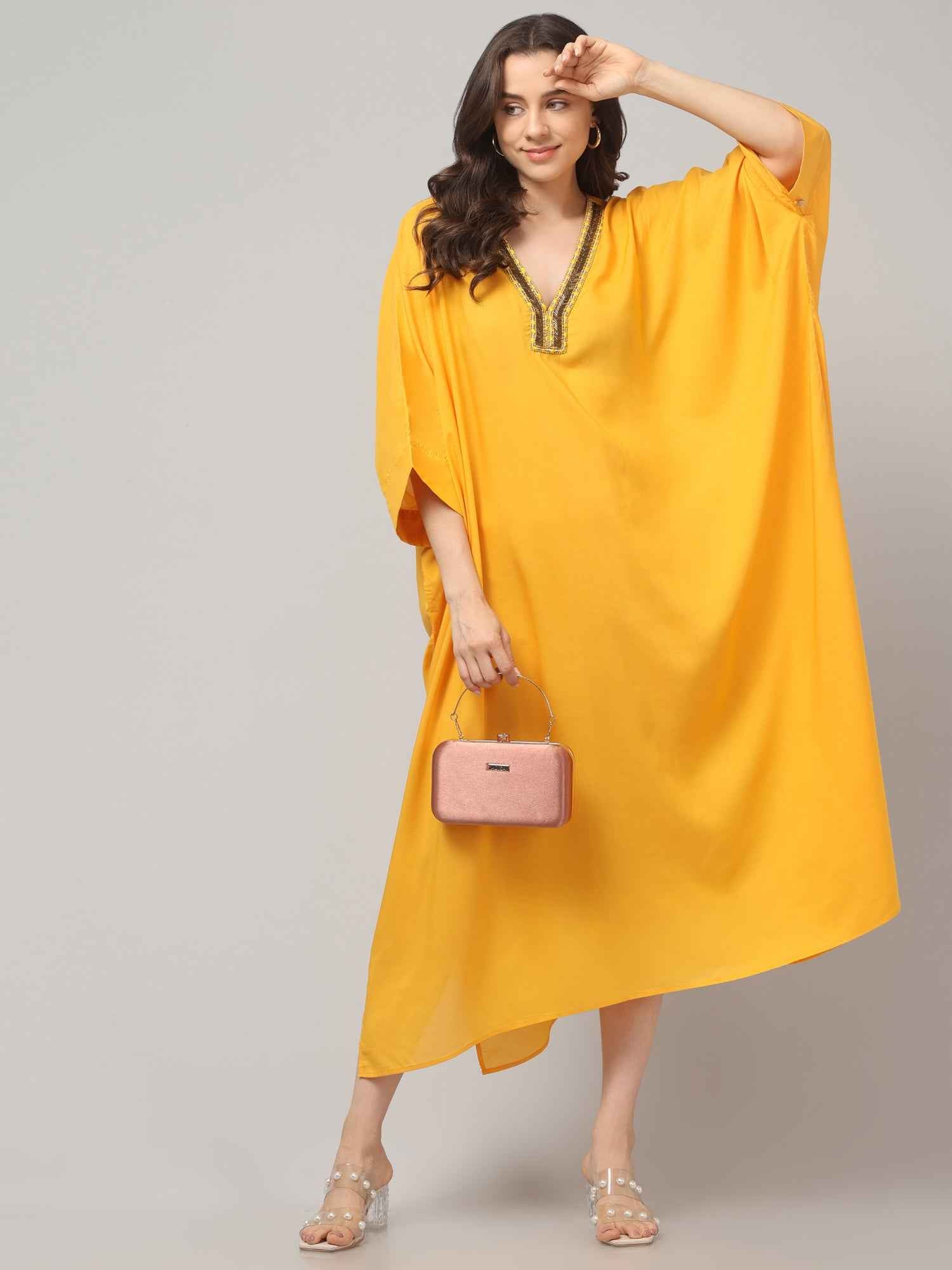 Eliaki Marigold Beaded V-Neck Kaftan Dress